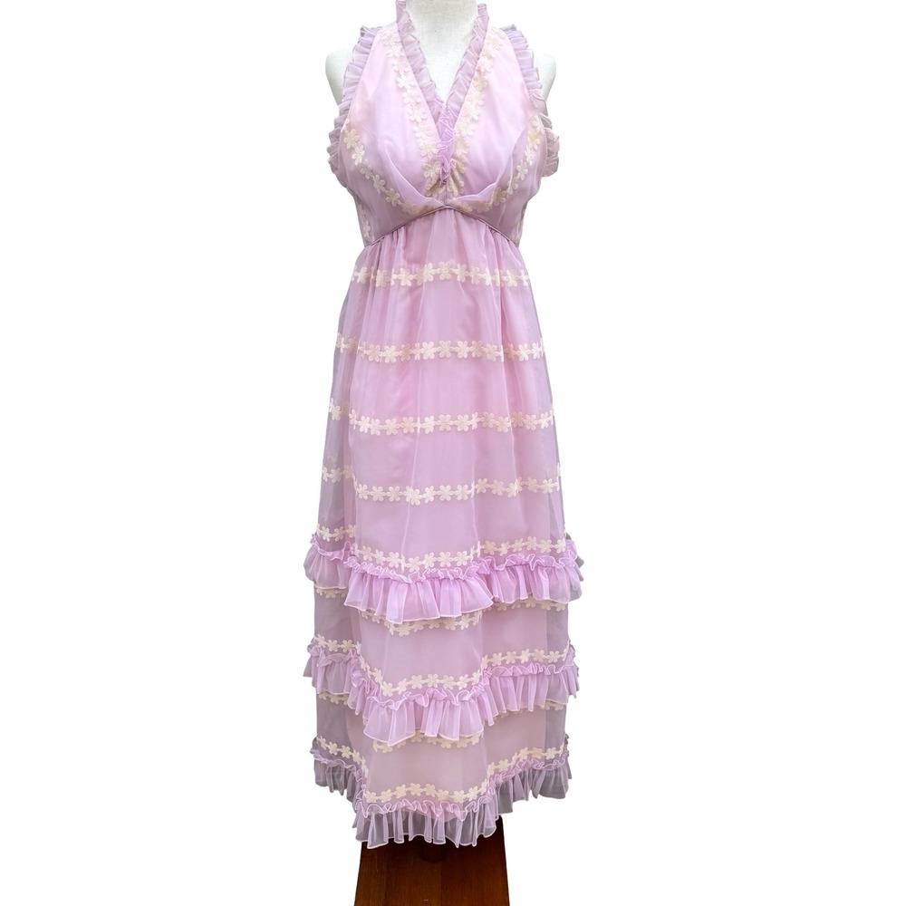 Emma Domb Vintage 70s Pink Chiffon Floral Embroidered Ruffle‎ Halter Maxi Dress
